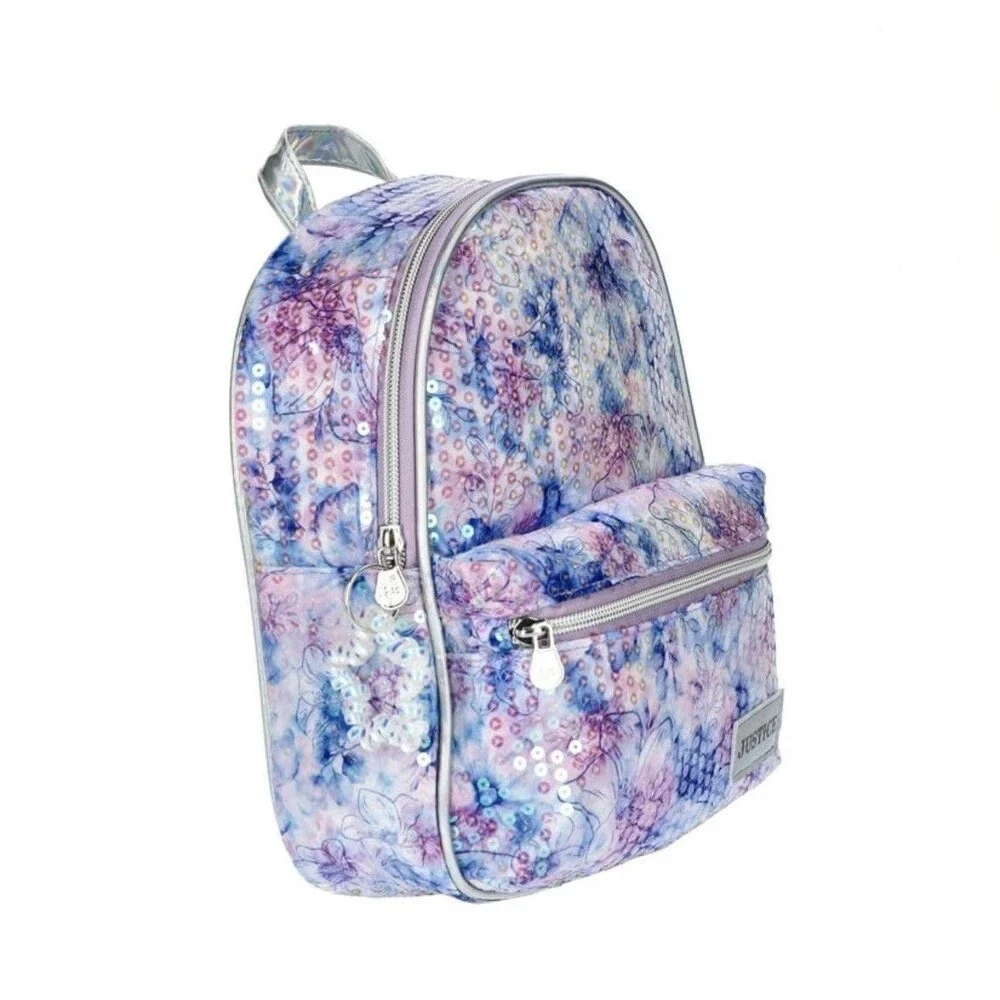New Justice sequined Blue & Purple floral mini backpack Bag Purse Straps Zip